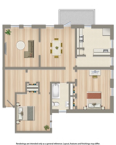 Floor plan for 2 beds, 1 bath, 1130 sqft